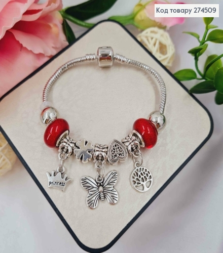 Браслет "ПАНДОРА" з Червоним шармиком + (Метелик/Корона/Дерево), срібного кольору, біжутерія 274509 фото 1