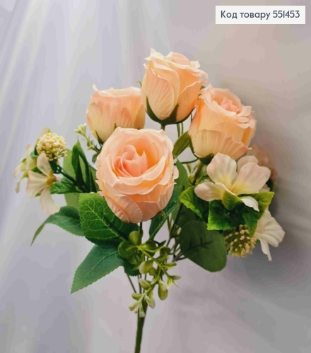 Искусственная композиция Розы с Жасмином, ПЕРСИКОВО-КРЕМОВЫЕ, 7 веточек на металл. стержни, высота 33см 551453 фото 2