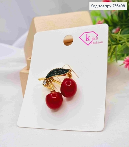 Брошка метал, "Червоні Вишні"прикрашені камінцями, 2,5*2,5см, Золотого кольору 235498 фото 1