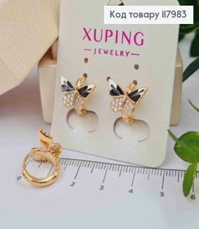 Серьги кольца (1,3см) "Бабочка" с Чорно-Белой эмалью и Блистательными камешками, 1см, Xuping 18K 117983 фото