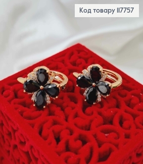 Серьги кольца, "Цветок Желаний" с Черном камнями, 2см, Xuping 18К 117757 фото