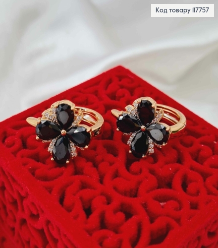Серьги кольца, "Цветок Желаний" с Черном камнями, 2см, Xuping 18К 117757 фото 1