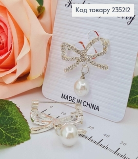 Брошь металл, "Бантик", в камнях, с жемчужиной. 3см 235212 фото