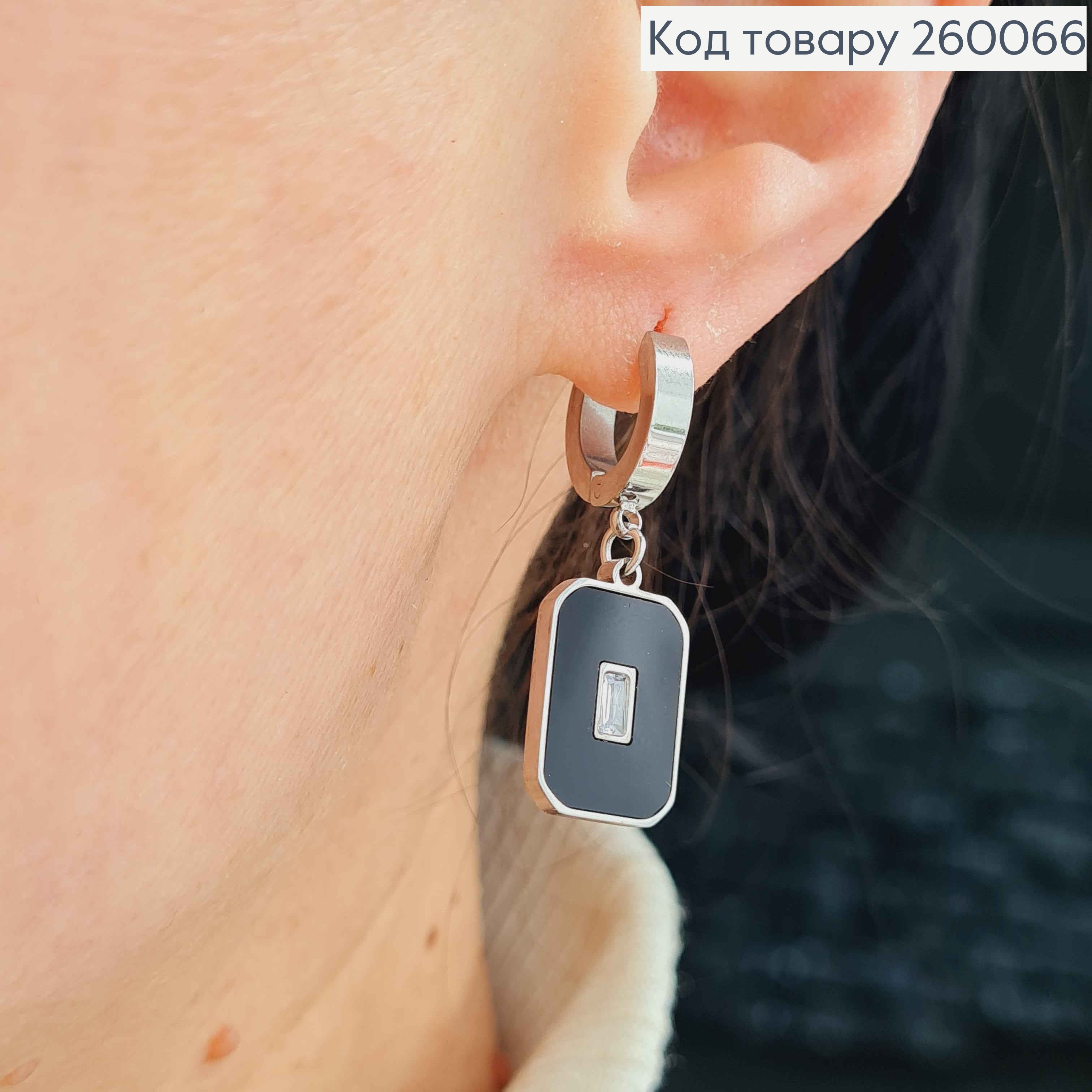Серьги кольца 1,3см+ подвеска с черной эмалью 1,6см, серебряного цвета, сталь Stainless Steel 260066 фото 3