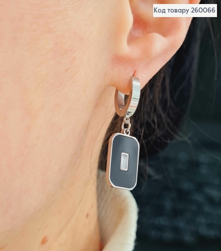 Серьги кольца 1,3см+ подвеска с черной эмалью 1,6см, серебряного цвета, сталь Stainless Steel 260066 фото 3