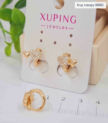 Серьги кольца "Сердца" с Блестящими камешками (0,7см), диаметр 1см, Xuping 18K 118882 фото 1