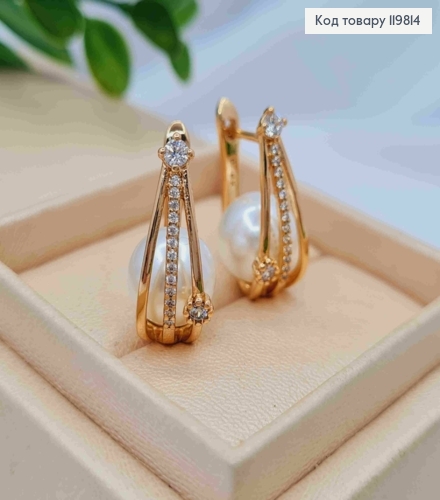 Серьги овальные с Блестящими камешками и Жемчужкой, 2,2см, английская застежка, XUPING 18K 119814 фото 1