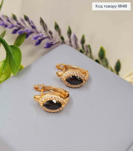 Серьги "Глаза Змеи" с Черным камнем, 1,4см, английская застежка, Xuping 18К 118418 фото 3