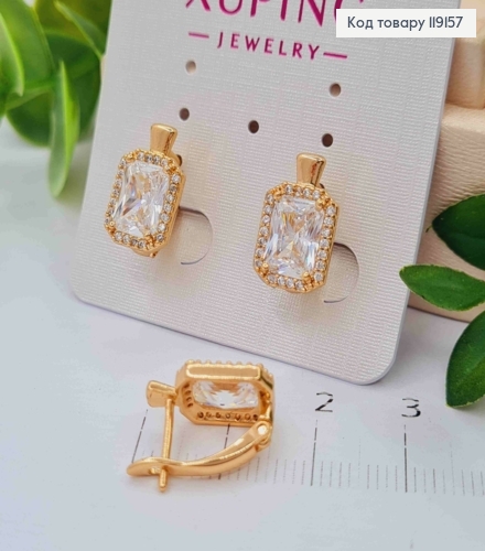 Серьги с Большим Блестящим камнем в оправе из камешков, 1,4см, англ. застежка, Xuping 18К 119157 фото 1