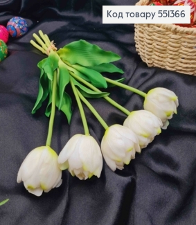 Искусственные цветы ТЮЛЬПАН Пионовидный, Белого цвета (латексные), 5шт/букет, выс. 38см, цветок 4см 551366 фото