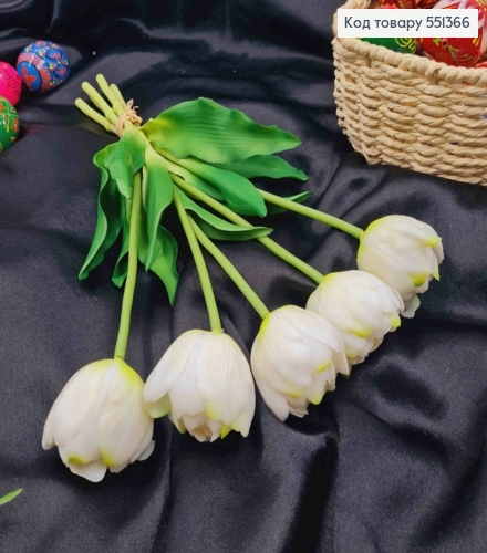 Искусственные цветы ТЮЛЬПАН Пионовидный, Белого цвета (латексные), 5шт/букет, выс. 38см, цветок 4см 551366 фото 1