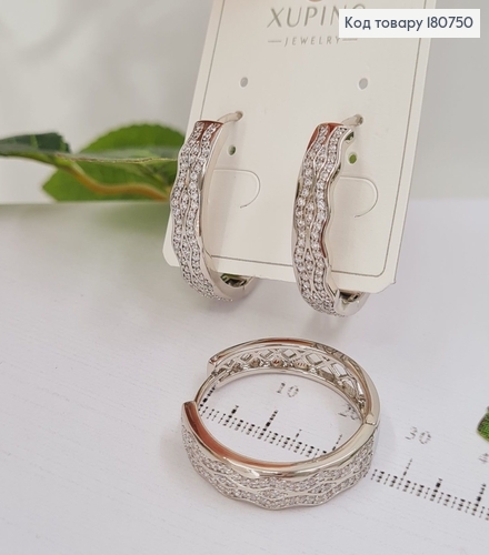 Сережки родованные кольца Волна с камнями, 2,5*0,6см, Xuping 180750 фото 1