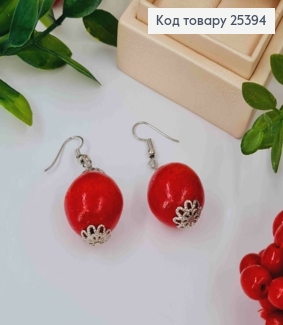 Сережки гачки з Дерев'яних намистин, Червоного кольору, 2,4см, Ручна робота 25394 фото