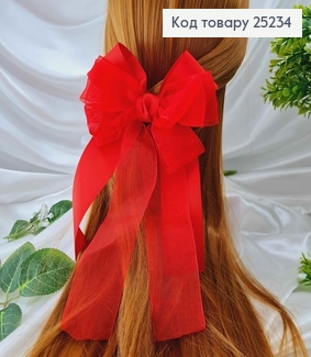 Заколка, Бант репсовый с органзой, красного цвета, 11*23см. Ручная работа, Украина 276157 фото