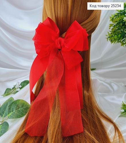 Заколка, Бант репсовый с органзой, красного цвета, 11*23см. Ручная работа, Украина 276157 фото 1
