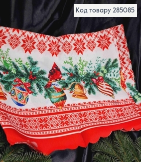 Скатерть новогодняя красная "Орнамент с вышивкой и новогодней веткой", размер 110*110см 285085 фото