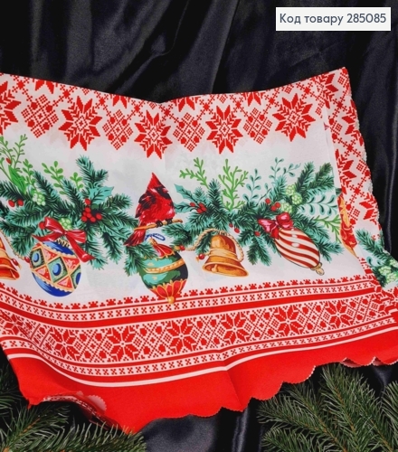 Скатертина новорічна червона "Орнамент з вишиванкою та новорічною гілкою", розмір 110*150см 285085 фото 1