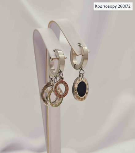 Набор серьга кольца "Римские часы" с черной эмалью, серебряного цвета, сталь Stainless Steel 260172 фото 1