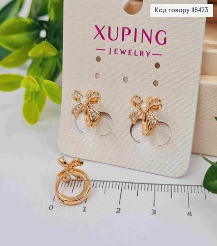 Серьги кольца "БАНТИК" с Жемчужиной в Блестящих камнях, диаметр 1,1см, Xuping 18К 118423 фото 3