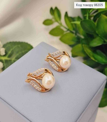 Серьги "Полет Ангела" с жемчужкой и камешками, размер 1,7*1,2см, английская застежка, Xuping 18K 118205 фото 1