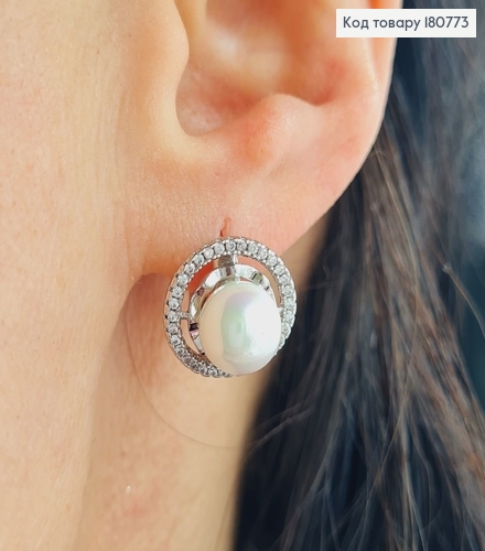 Сережки родовані кільця Коло з перлинкою і камінцями, 1,5см, Xuping 180773 фото 2