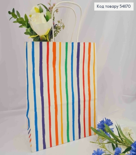Пакет крафтовый, 22*27*11см, Белый в Цветную полоску. 541170 фото 1