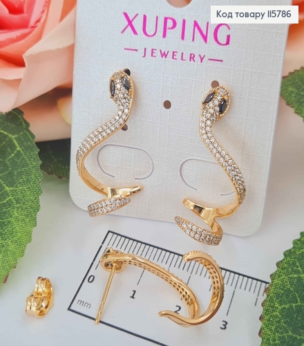 Сережки гвоздики, "Змійка" в камінцях, із кріпленням для хрящика, 3см, Xuping 18K 115786 фото 1