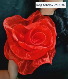 Брошь-заколка, объемная роза КРАСНОГО цвета, 24см, ткань органза кристаллин, ручная работа 256046 фото