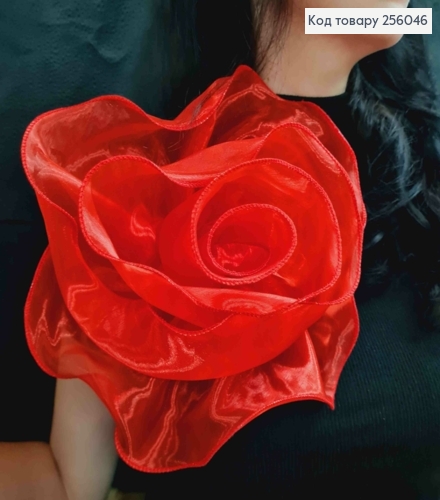 Брошь-заколка, объемная роза КРАСНОГО цвета, 24см, ткань органза кристаллин, ручная работа 256046 фото 1