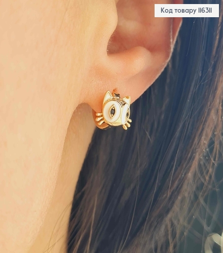 Серьги кольца 1см, "Котенок" с белой эмалькой Xuping 18K 116311 фото 2