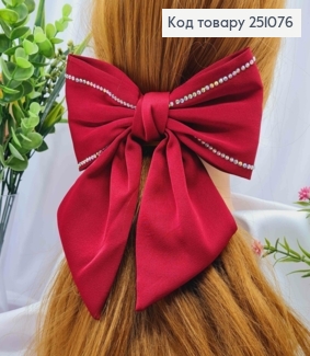 Бант ВИШНЕВОГО кольору зі стразами, на заколці автоматик, тканина атлас, розмір 15*17см 251076 фото