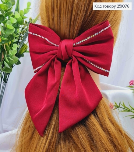 Бант ВИШНЕВОГО кольору зі стразами, на заколці автоматик, тканина атлас, розмір 15*17см 251076 фото 1