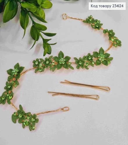 Веточка для волос, с цветами и камешками, зеленого цвета, 29см. 234124 фото 1