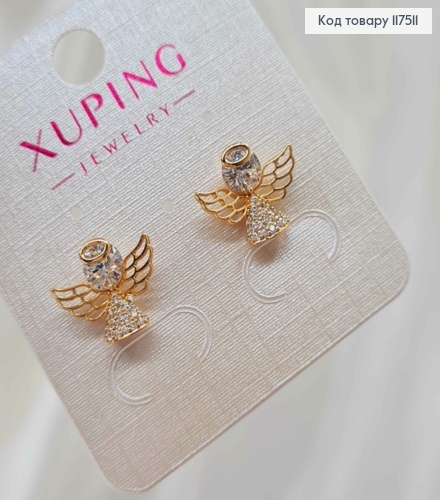 Серьги гвоздики, "Ангелочек", в блестящих камешках, 1,2*1,4см, XUPING 18K 117511 фото 2