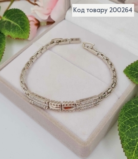 Браслет родований, квадратне плетіння з Прямокутними вставками з камінцями 17,5+2см, Xuping 200264 фото