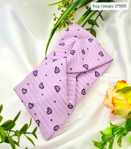 Пов'язка чалма дитяча, ФІОЛЕТОВОГО кольору з принтом "Серце", діаметр 36*9см, ручна робота, Україна 275159 фото 1
