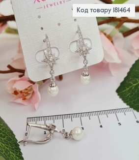 Серьги родованные, "Звездочки" в камешках с подвесной жемчужиной, 3см, англ застежка, Xuping 181464 фото