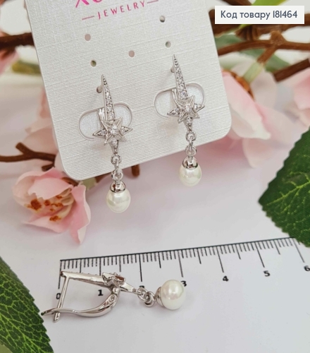 Серьги родованные, "Звездочки" в камешках с подвесной жемчужиной, 3см, англ застежка, Xuping 181464 фото 1