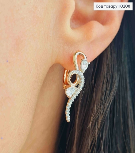 Сережки "Подих вітру" з Блискучими камінцями,  довжина 2,4см, англійська застібка, Xuping 18К 110208 фото 1