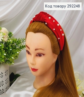 Обруч велюр Чалма з бусинками, колір ЧЕРВОНИЙ, ручна робота, Україна 292248 фото