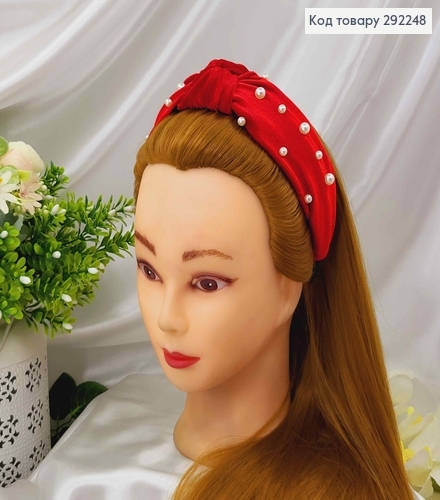 Обруч велюр Чалма з бусинками, колір ЧЕРВОНИЙ, ручна робота, Україна 292248 фото 1