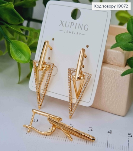Сережки з підвіскою "Трикутники" з Блискучими камінцями, 3,4см, англійська застібка, XUPING 18K 119072 фото 2
