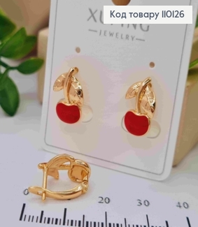 Сережки "Вишеньки Черешеньки" з Червоною емаллю, 1,4см, англ. застібка,  XUPING 18К 110126 фото