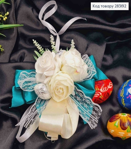 Повязка для корзины Молочно-БЕЛЫЕ пионы со ИЗУМНЫМ бантом на завязках,размер: 19*20см, Украина 283192 фото 3