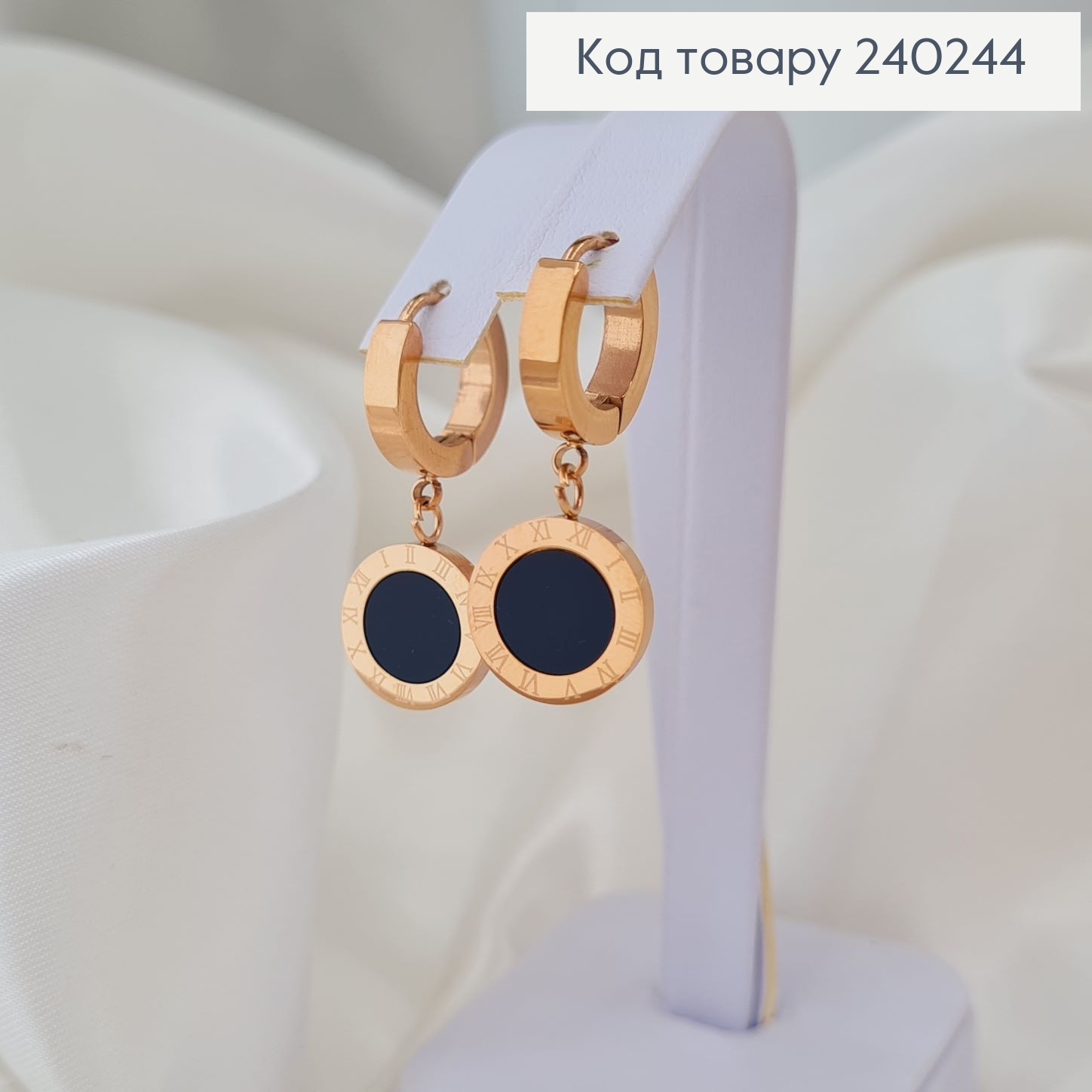 Серёжки кольца 1.2 см Римские часы с чёрной эмалью, цвет золотые, Stainless Steel 240244 фото 2