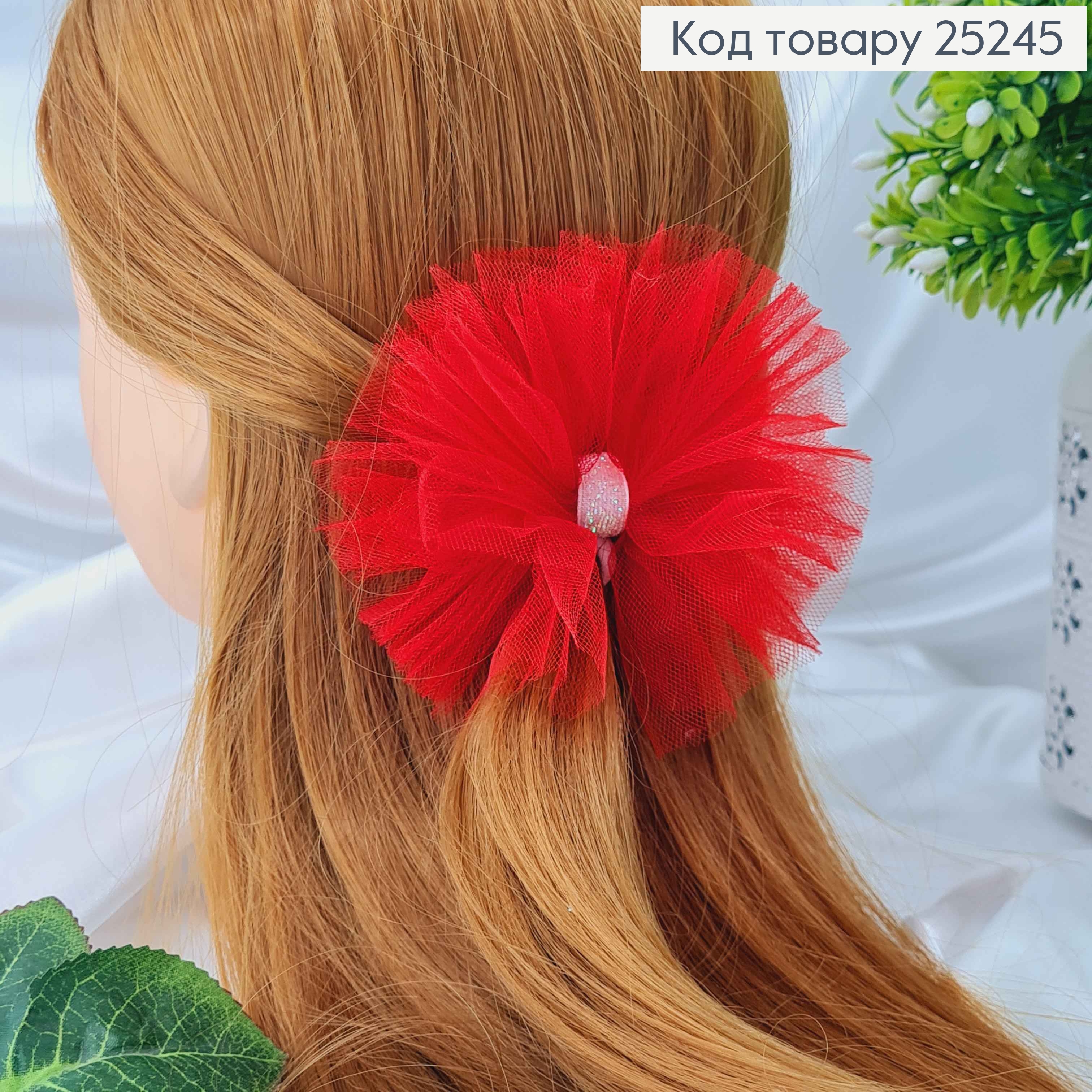 Резинка, Бант фатиновый, красного цвета, с блестящей лентой, 11см, Ручная работа, Украина 25245 фото 1