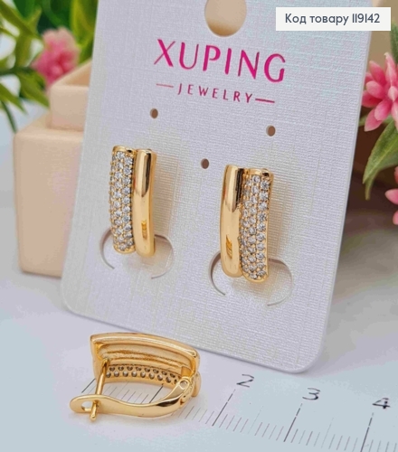 Серьги Прямоугольные с Блестящими камешками в три ряда, 1,6см, английская застежка, Xuping 18К 119142 фото 1