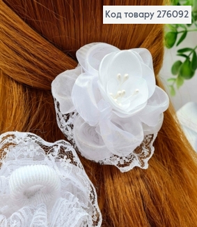Бант БЕЛЫЙ "Цветок", на резинке, ткань органза+кружево, размер 7см, ручная работа 276092 фото