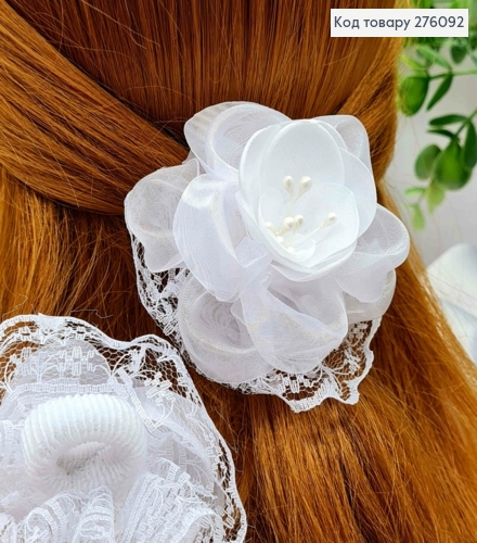 Бант БЕЛЫЙ "Цветок", на резинке, ткань органза+кружево, размер 7см, ручная работа 276092 фото 1