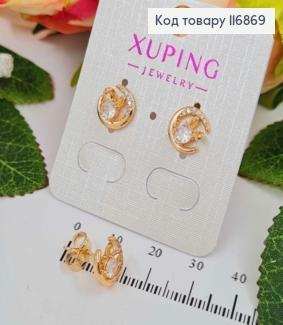 Серьги гвоздики, Полумесяц с зайкой, с камешками, 1см, Xuping 18К 116869 фото